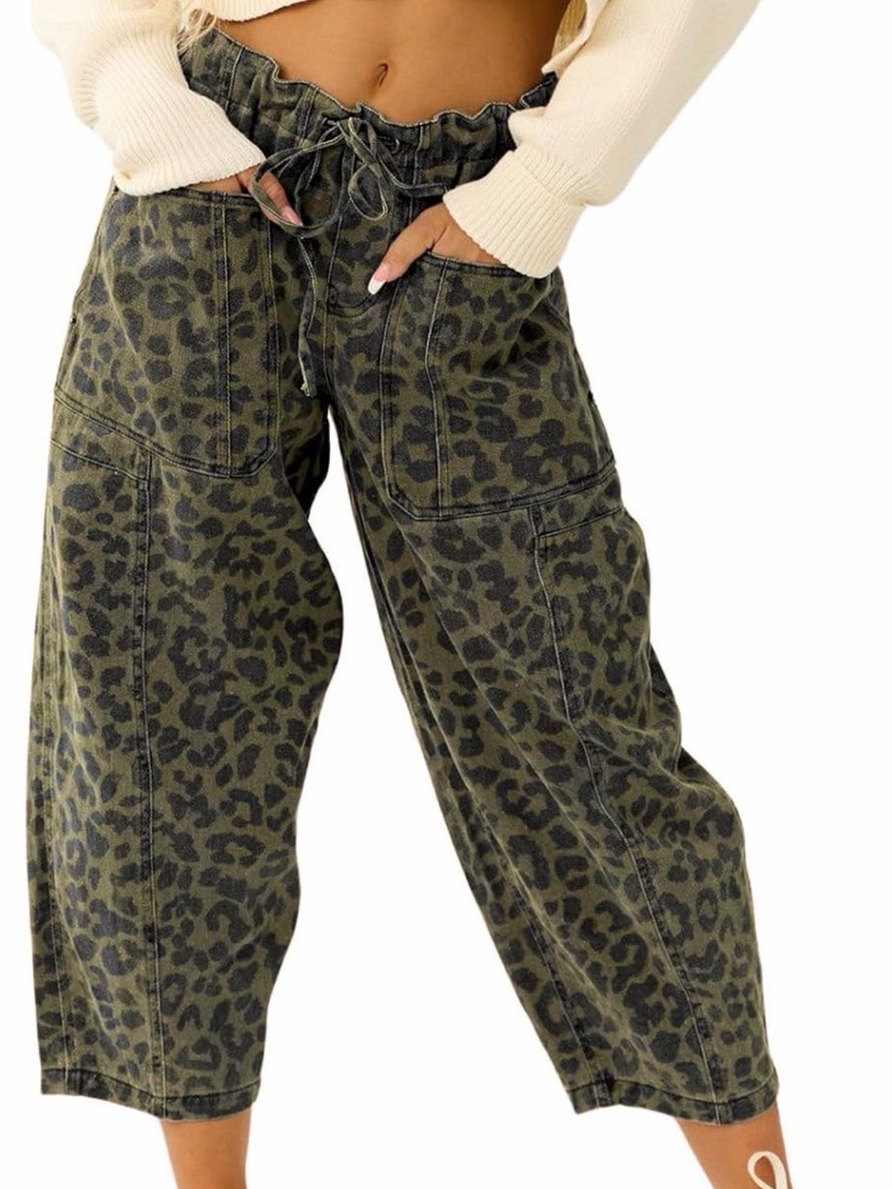 Amazon Olive Leopard Paperbag Waist Cargo Cropped Pants